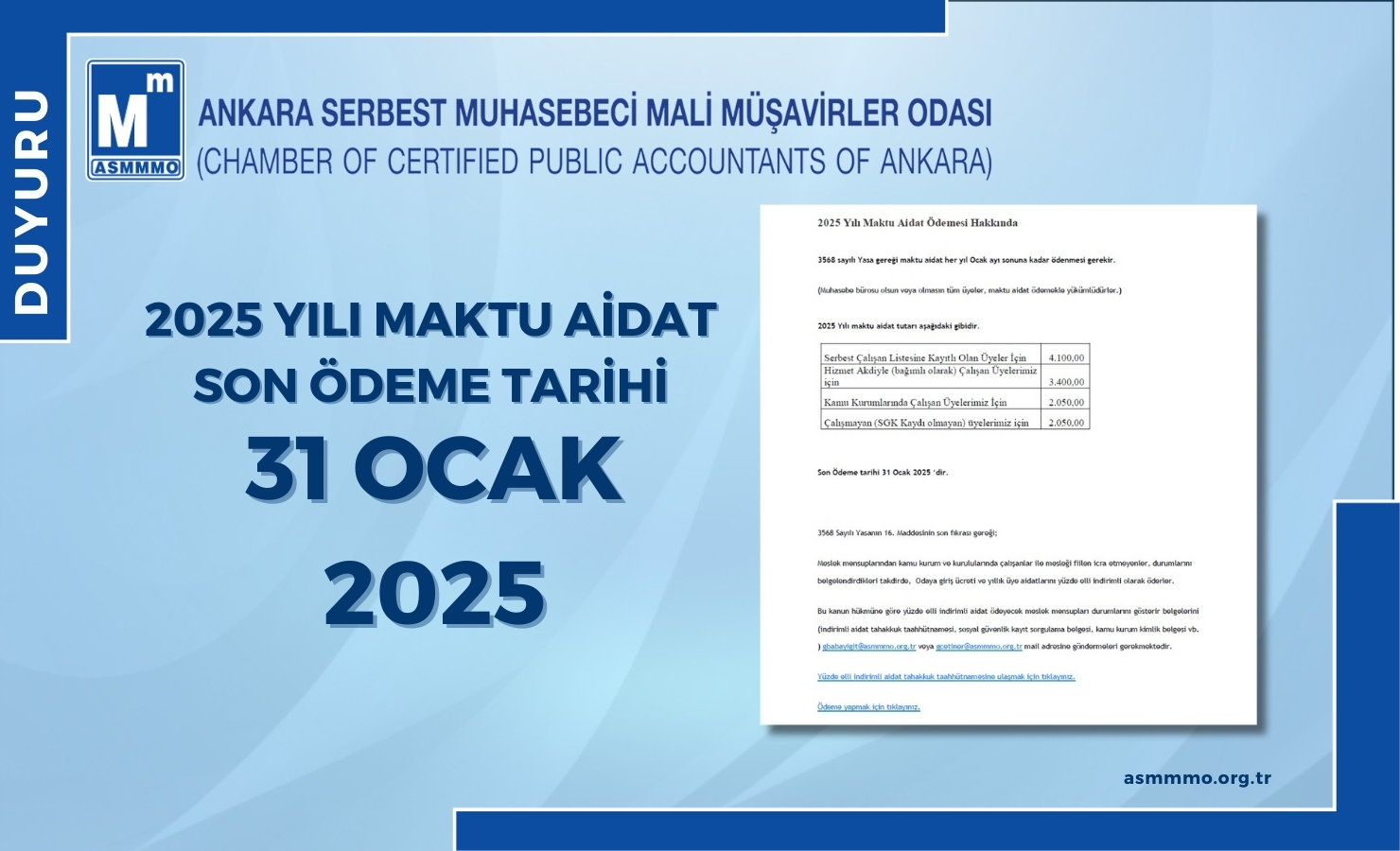2025 Yılı Maktu Aidat Son Ödeme Tarihi: 31 Ocak 2025