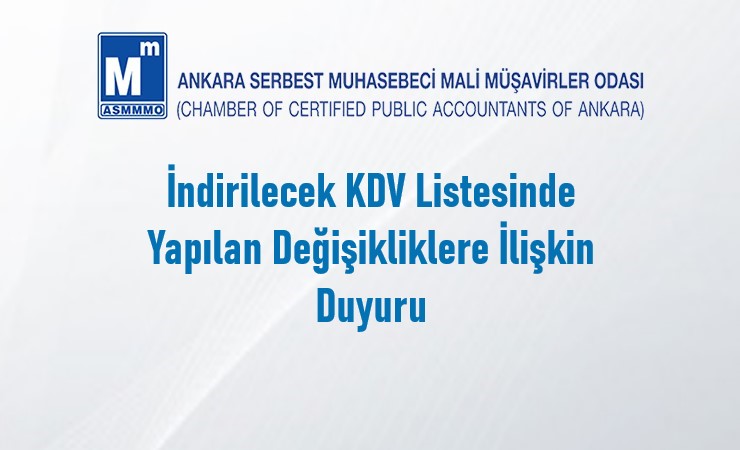 İndirilecek KDV Listesinde Yapılan Değişikliklere İlişkin Duyuru