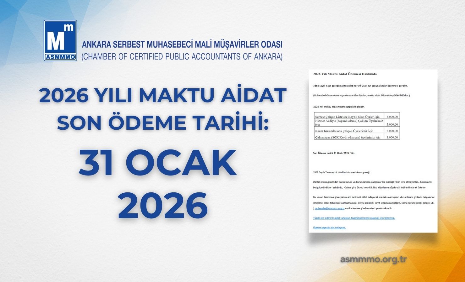 2026 Yılı Maktu Aidat Son Ödeme Tarihi: 31 Ocak 2026
